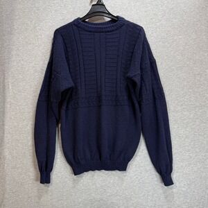 Unbranded Wool Sweater Mens L Navy Blue Textured Knit Crewneck Fisherman Cozy